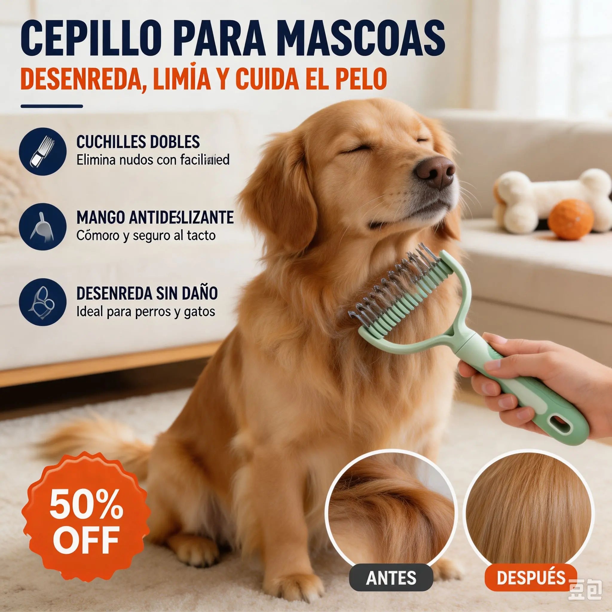 🐶【🔥2 piezas 24 euros】🧹 Cepillo autolimpiante de doble cara para mascotas: elimina el pelo muerto y reduce la caída del pelo en perros y gatos.