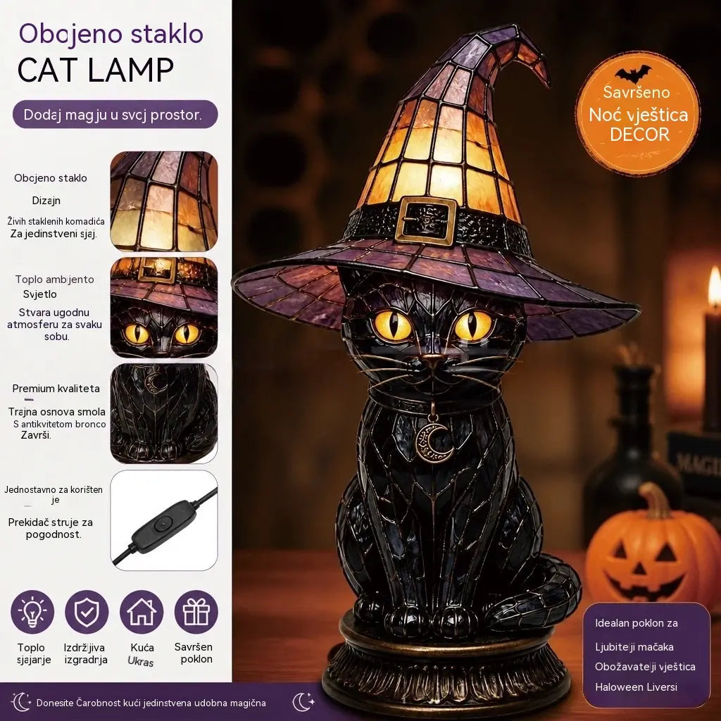 🧙‍♀️✨Lampa s vještičjim šeširom i mačjim motivom, akrilni 3D ukras za rukotvorine, ukras za stol/stolna lampa