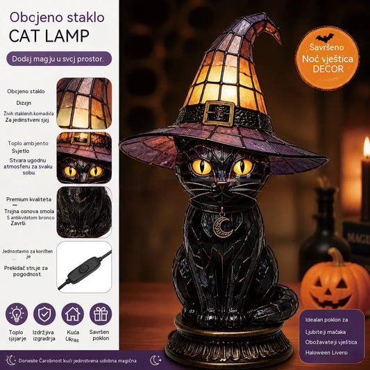 🧙‍♀️✨Lampa s vještičjim šeširom i mačjim motivom, akrilni 3D ukras za rukotvorine, ukras za stol/stolna lampa