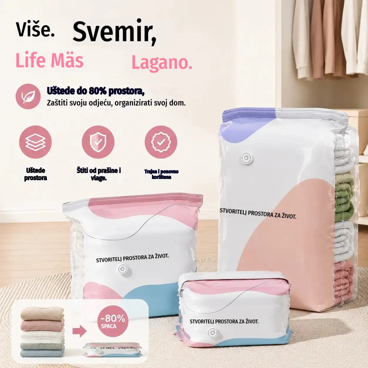 🧳【Set od 5 dijelova 29 eura】💨 Velika, stlačiva vakuumska vrećica za pohranu: nije potrebna pumpa, nepropusna je i idealna za uštedu prostora u koferima i kod kuće ✈️