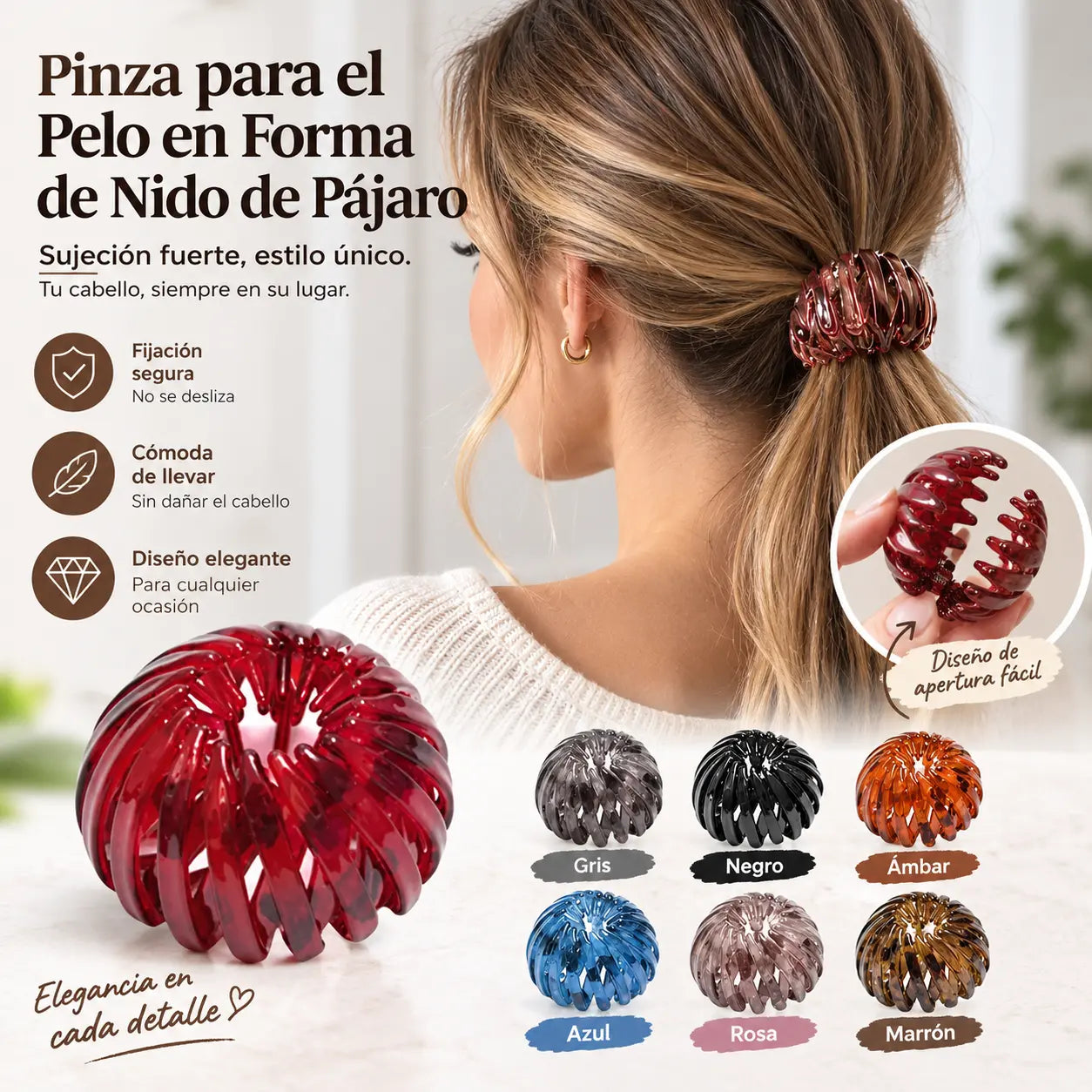 🎀 Nuevas pinzas para el cabello con forma de nido de pájaro: sujetan firmemente colas de caballo altas y moños elegantes, revitalizando instantáneamente tu apariencia.