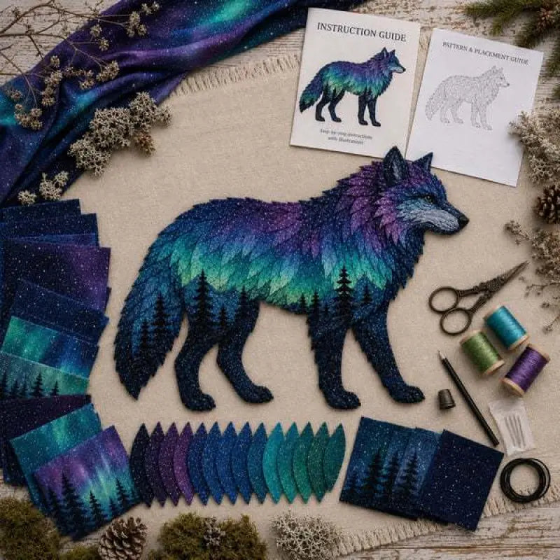 🐺🧵Último día, 49% de descuento: Set de patchwork DIY de la fauna de las auroras boreales.✨