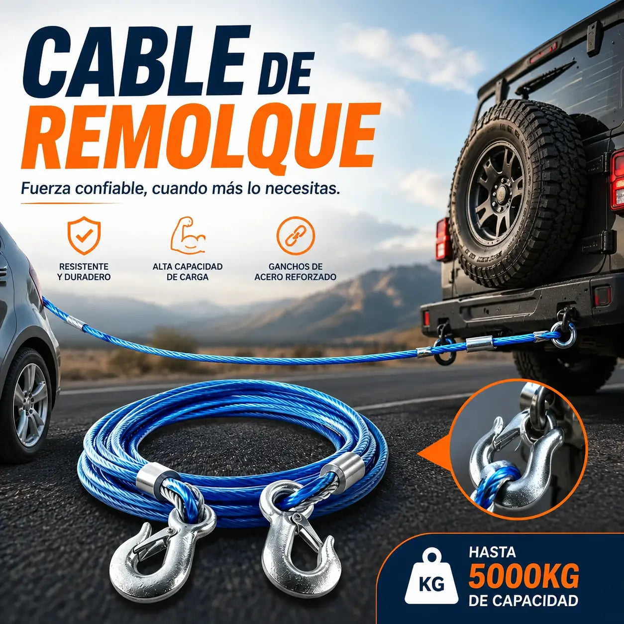 ⛓️🚗 Cuerda de remolque para automóvil, cuerda de tracción, cuerda de rescate – 4 m 3 toneladas