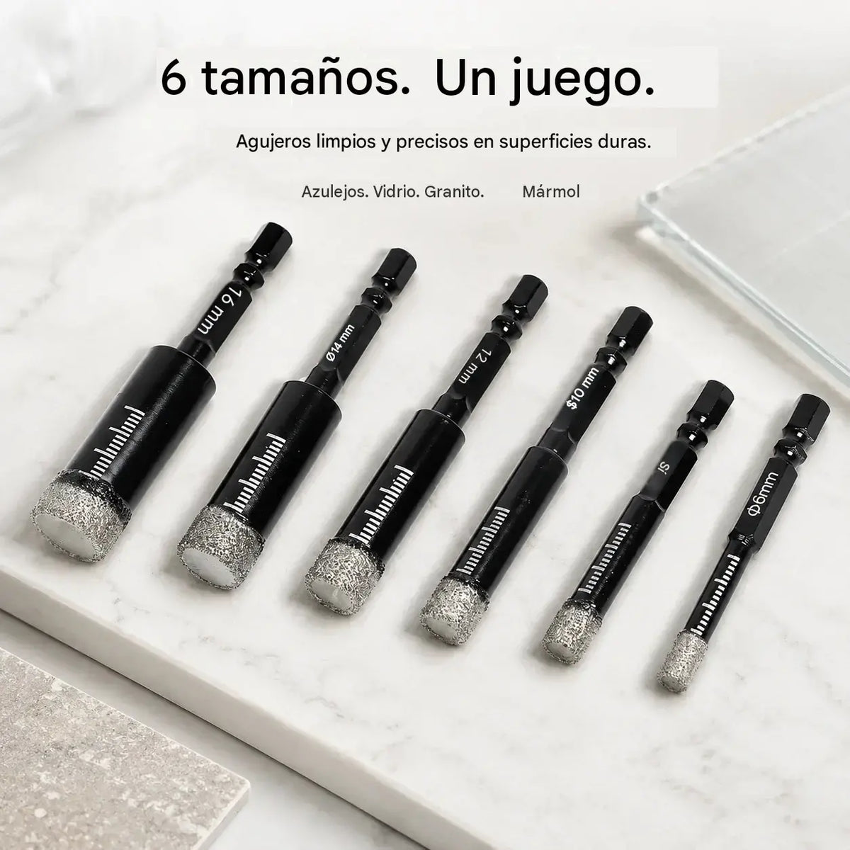 【Cabezal pulido negro de 6/8/10/12/14/16 mm】1 juego por 27 € 🔩 Juego de 6 brocas de diamante para perforaciones precisas en azulejos, cerámica y vidrio.