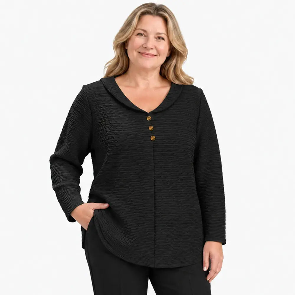 🔥【XL-5XL】🎁💖 Nový dámsky top pre plnšie veľkosti so zapínaním na gombíky, jednofarebný; z textúrovanej, skladanej látky a okrúhlym výstrihom (v štýle Petra Pana).