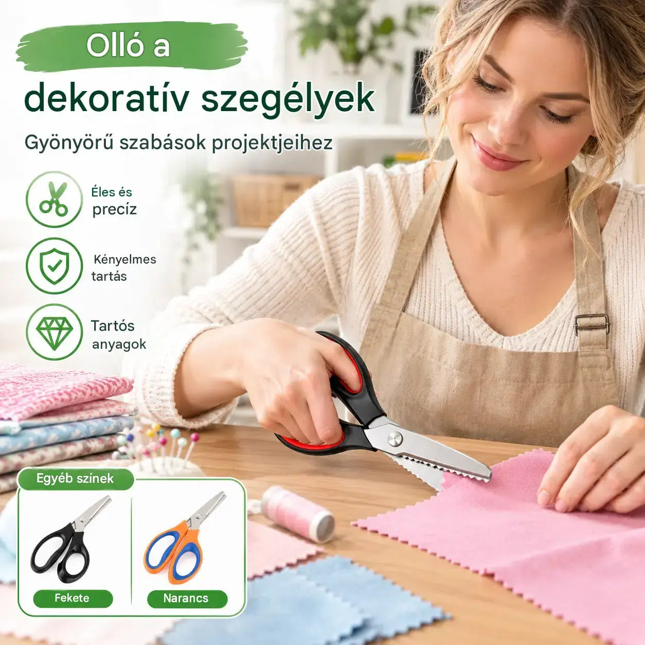 Professzionális, fogazott élű olló varráshoz, kézműves munkákhoz és mindennapi barkácsprojektekhez