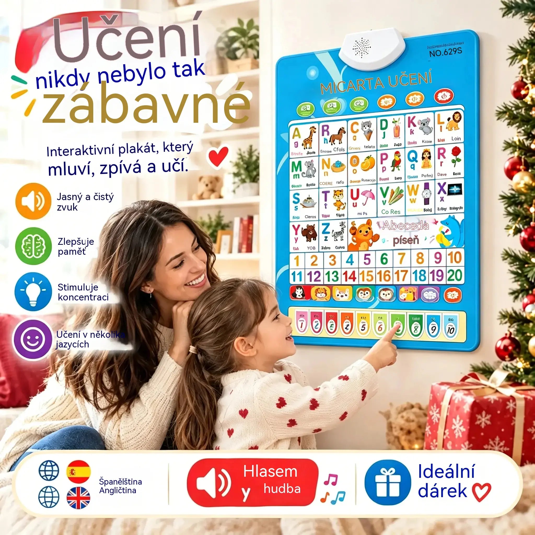 🔊 Dvojjazyčná mluvící vzdělávací tabulka (španělsko-anglická) | Abeceda se zvukem (26/27 písmen) | Luxusní dárková sada pro děti 🎁