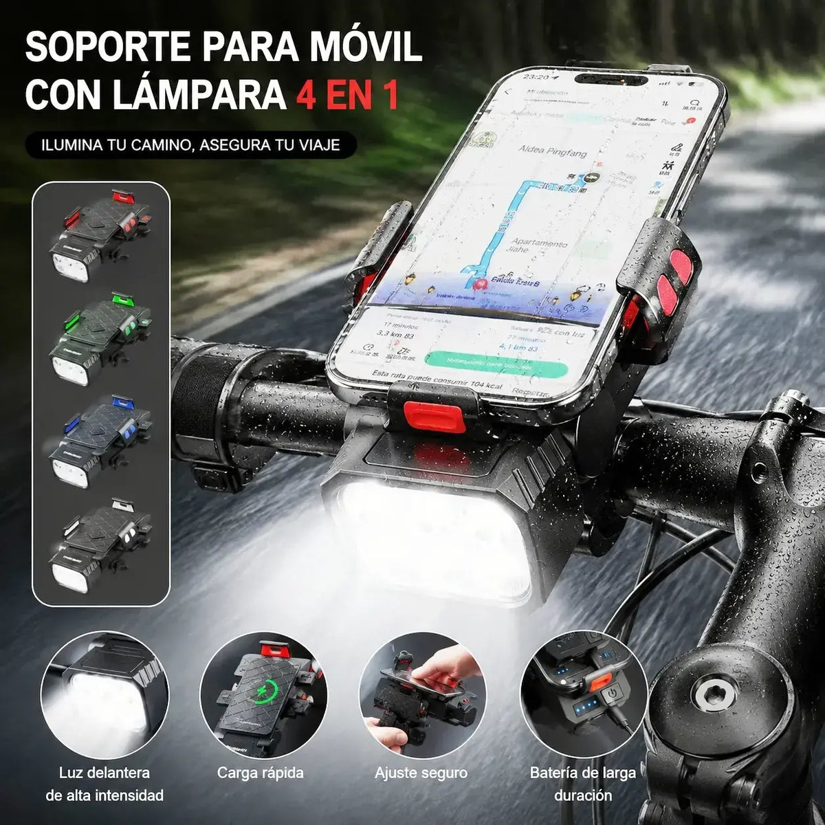 🚲💡 Luz LED + Altavoz Bluetooth + Soporte para Móvil 4 en 1 para Bicicleta 🔊📱 Recargable