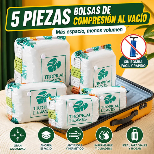🧳【Juego de 5 piezas】💨 Bolsa de almacenamiento al vacío grande y compresible: no requiere bomba, es a prueba de fugas e ideal para ahorrar espacio en maletas y en casa ✈️