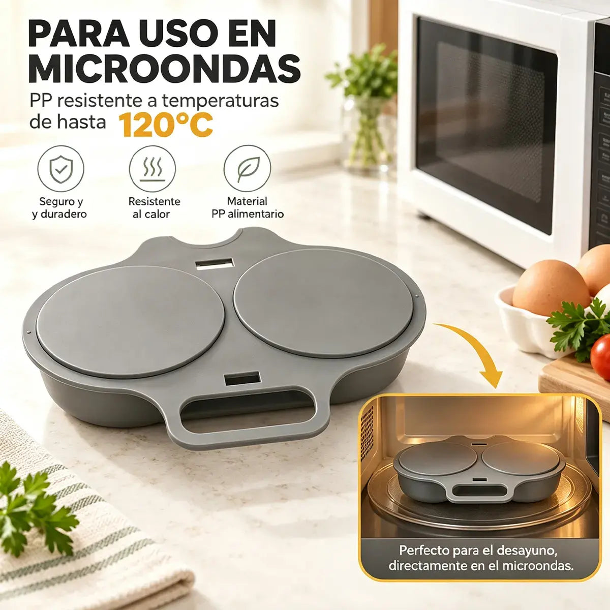 Escalfador de huevos para microondas: doble cavidad, antiadherente y fácil de limpiar.