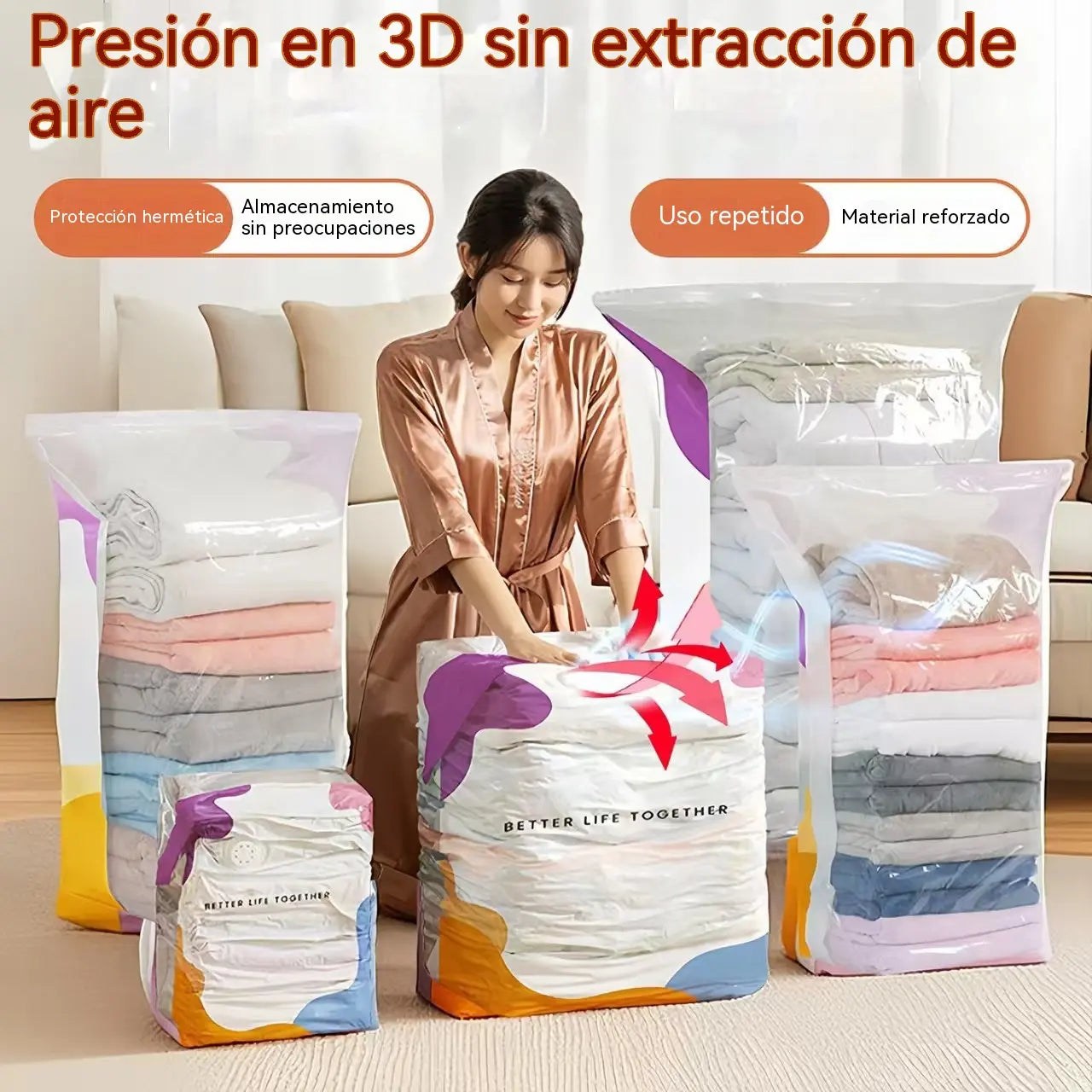 30%OFF【Juego de 5 piezas】 Bolsa de almacenamiento al vacío grande y compresible: no requiere bomba, es a prueba de fugas e ideal para ahorrar espacio en maletas y en casa