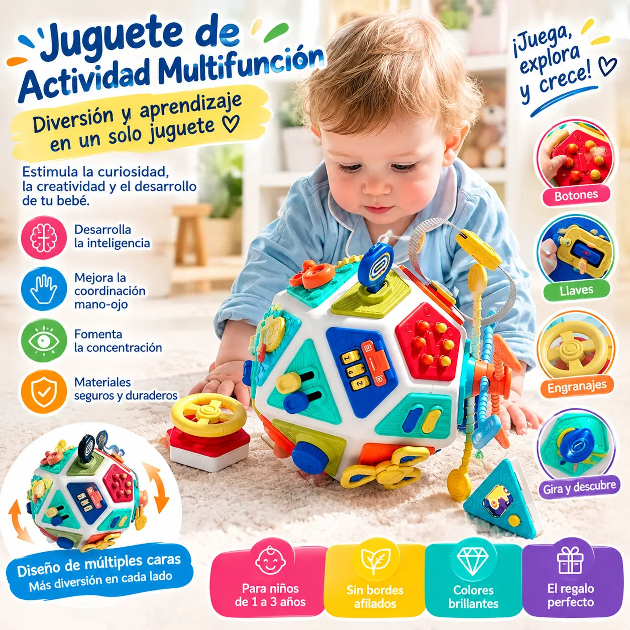 👶🧒Juguete giratorio de mano Montessori multifuncional de 22 caras para la educación temprana y relajante del bebé.