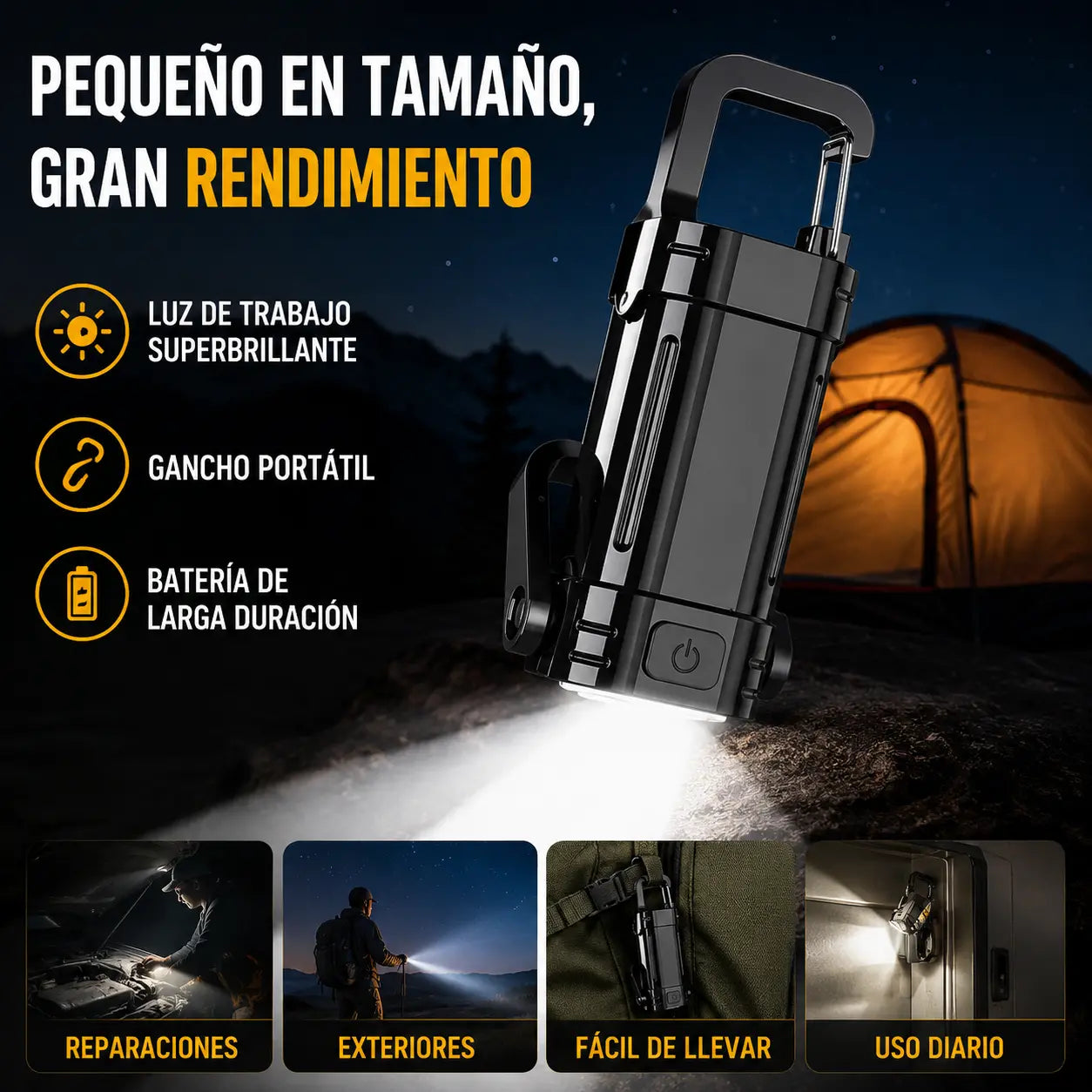 🔦🌙 Linterna LED Potente Multifunción con Luz Lateral, 3 Modos, Batería Externa y Carcasa Metálica Resistente, ¡Ideal para Camping, Trabajo y Emergencias!