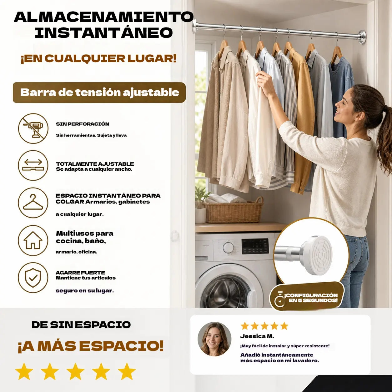 🛠️🚫 Barra de tensión ajustable: no requiere perforación, instalación en segundos, almacenamiento inteligente para el hogar 🏠✨