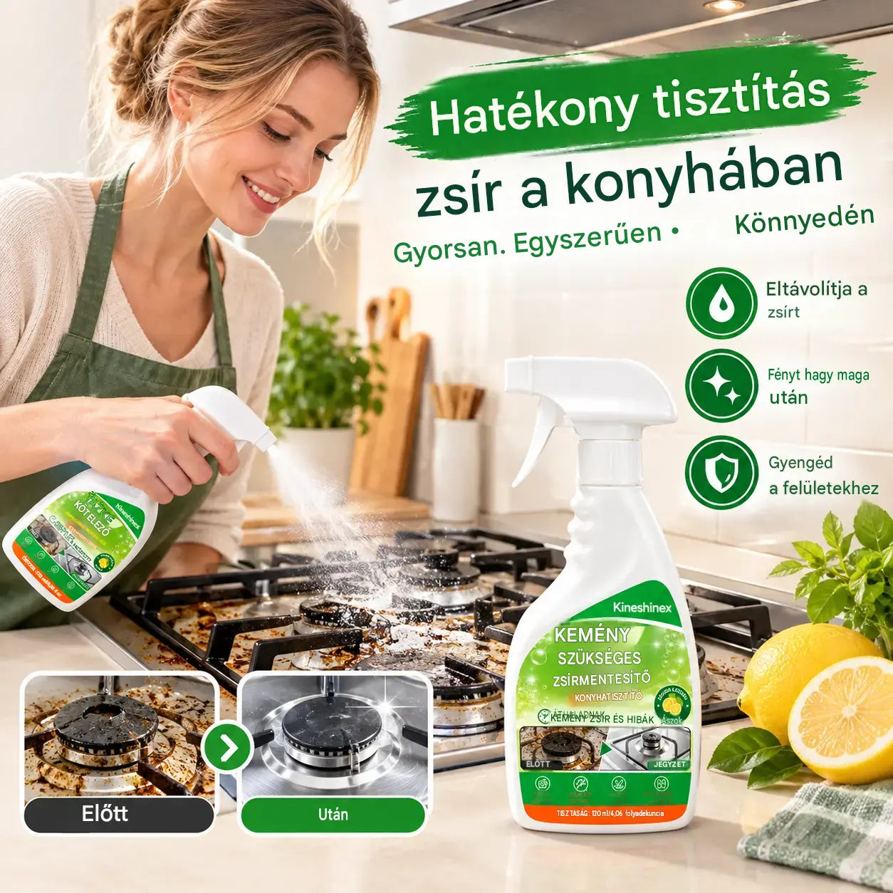 ✨ Hatékony konyhai zsíroldó – hatékonyan eltávolítja a ráégett zsírt, a szénlerakódásokat és a makacs szennyeződéseket a főzőlapokról, páraelszívókról és konyhai eszközökről.