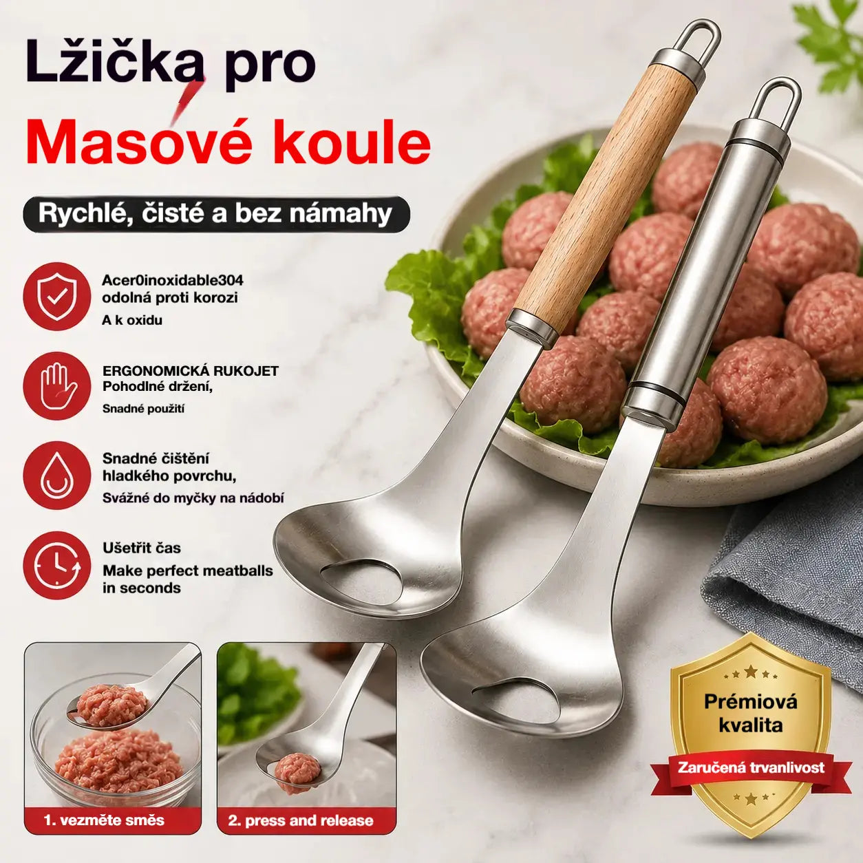 🍖 【2 kusy】Forma na masové kuličky z nerezové oceli 304 – Ideální na výrobu masových a rybích kuliček, perfektní pro domácí vaření 🥄