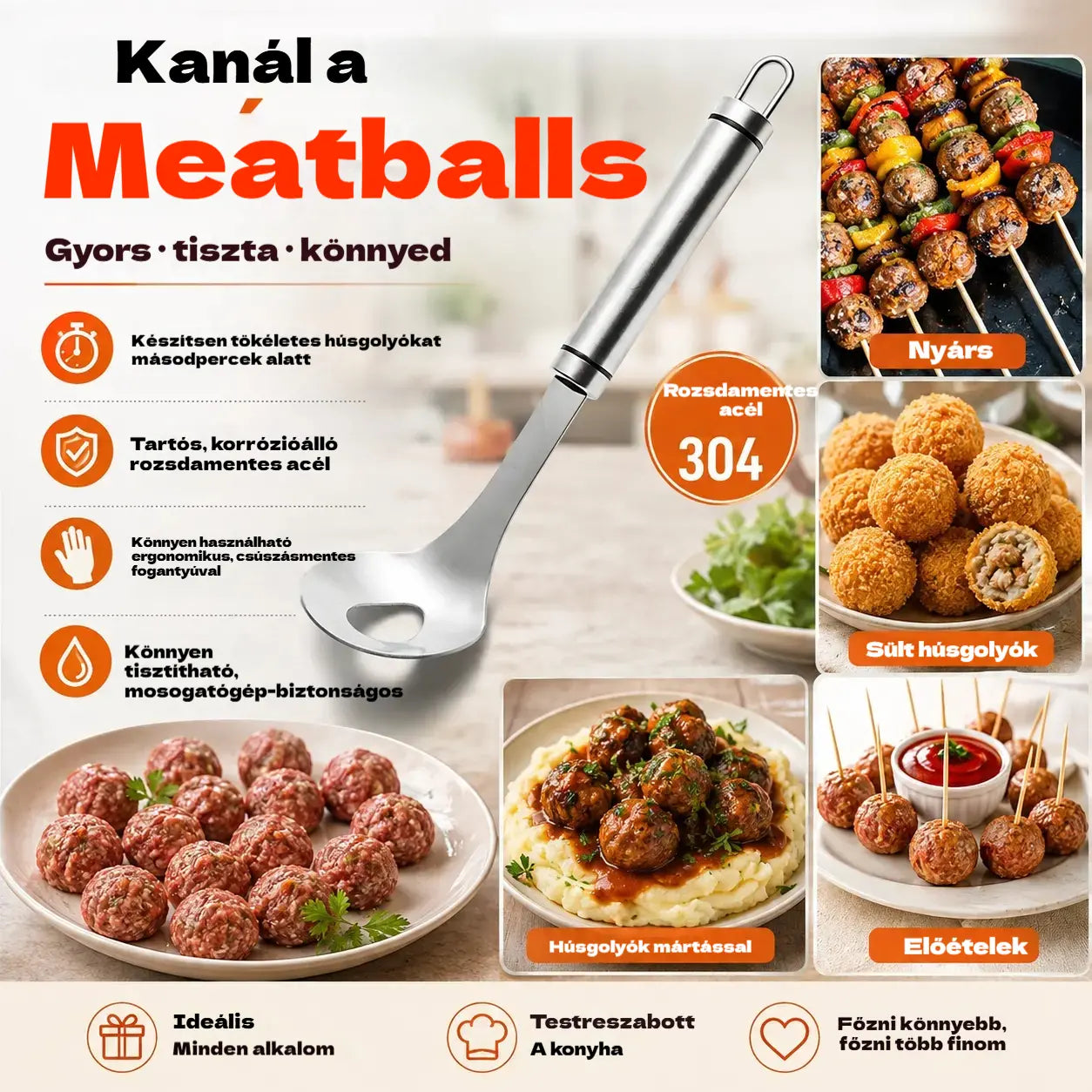 🍖 【2 darabos】304 rozsdamentes acél húsgombóc forma – Ideális hús- és halgombócok készítéséhez, tökéletes otthoni főzéshez 🥄