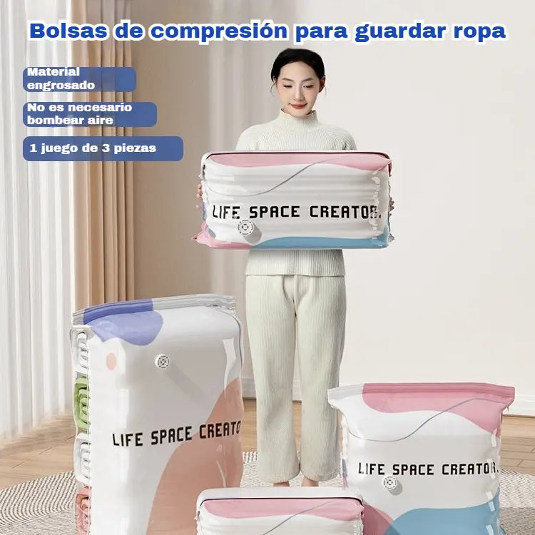 👕📦【5 piezas】Bolsas de compresión para guardar ropa, no requieren vacío, diseño reforzado.