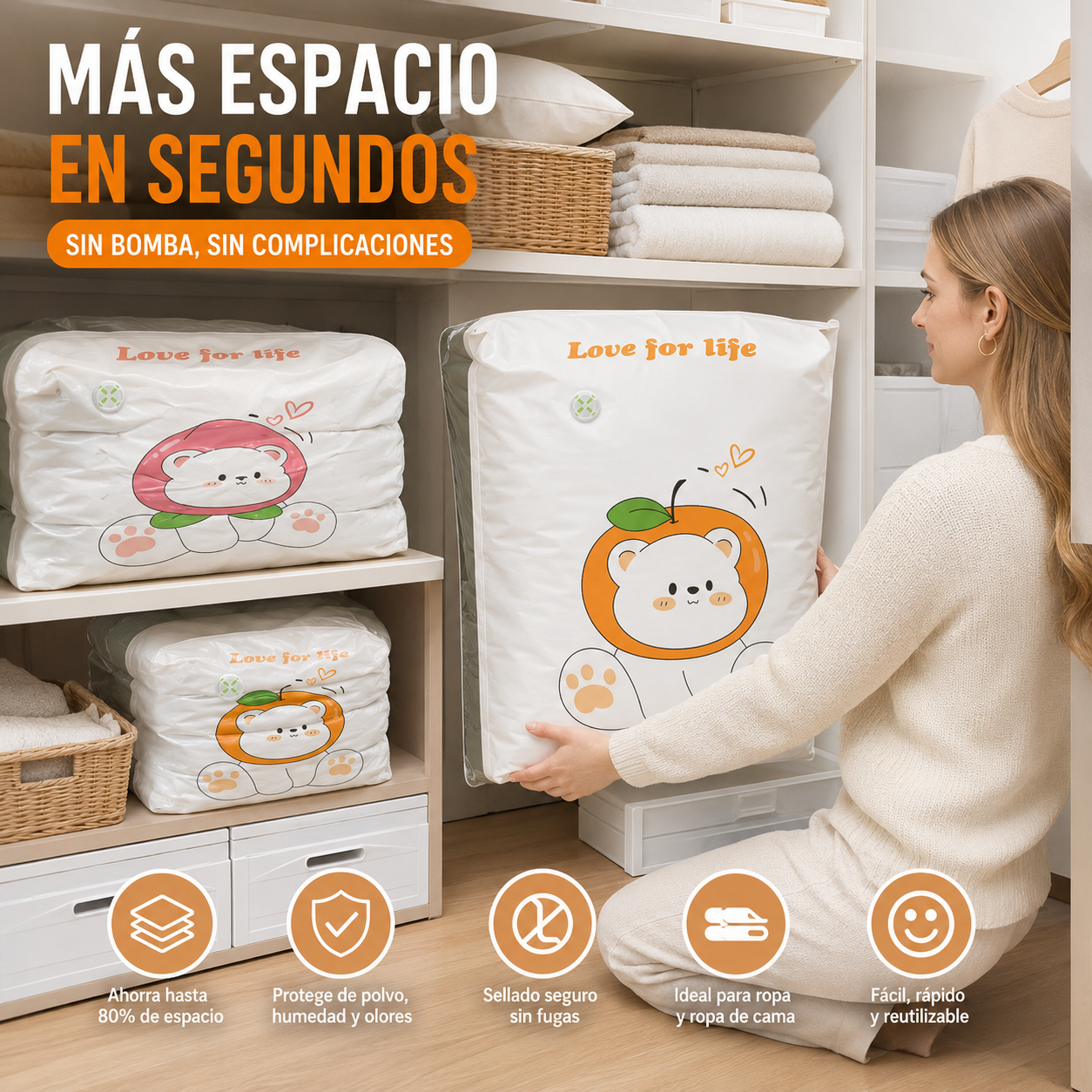 ✨🗃️ Juego de 5 piezas 💨 Bolsas de almacenamiento compresibles grandes: No se necesita bomba de aire, son a prueba de fugas, ideales para ahorrar espacio en tu maleta y en casa ✈️