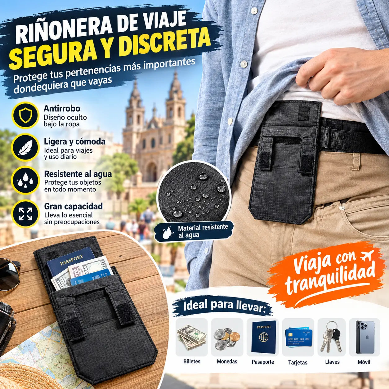 💳✈️ Riñonera Oculta de Viaje para Pasaporte, Dinero y Tarjetas – Monedero de Cintura Portátil y Seguro para Aeropuerto, Ciudad y Aventuras al Aire Libre 🌍