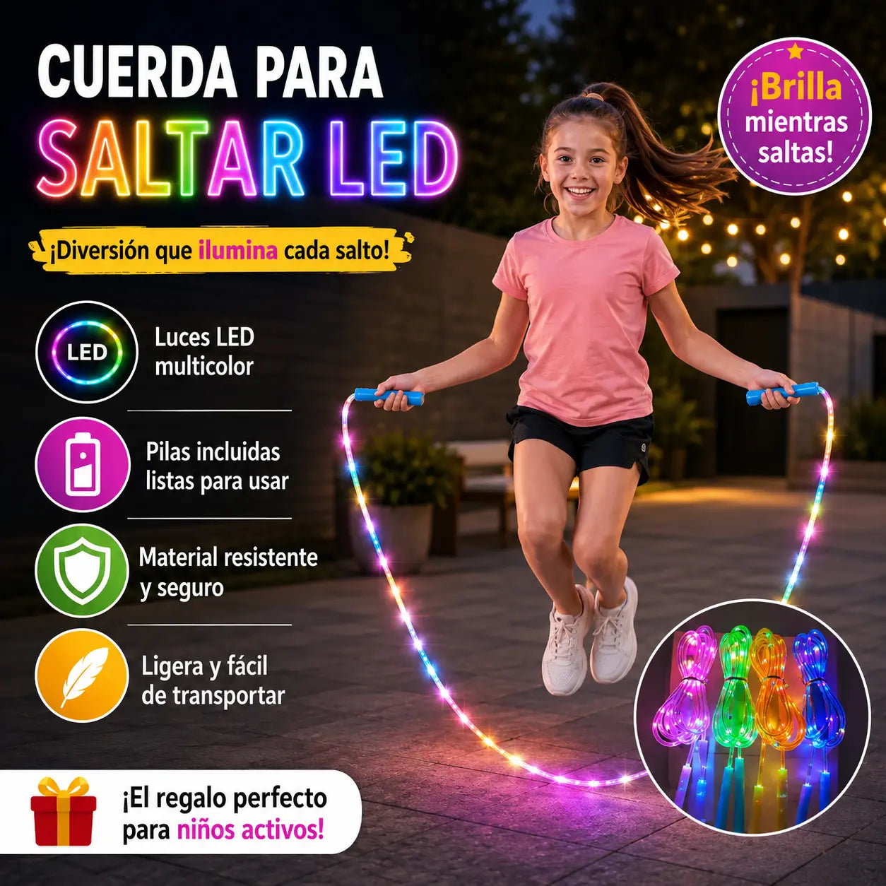 🌈 Comba LED Luminosa para Niños – ¡Salta, Juega y Diviértete con Cada Salto!
