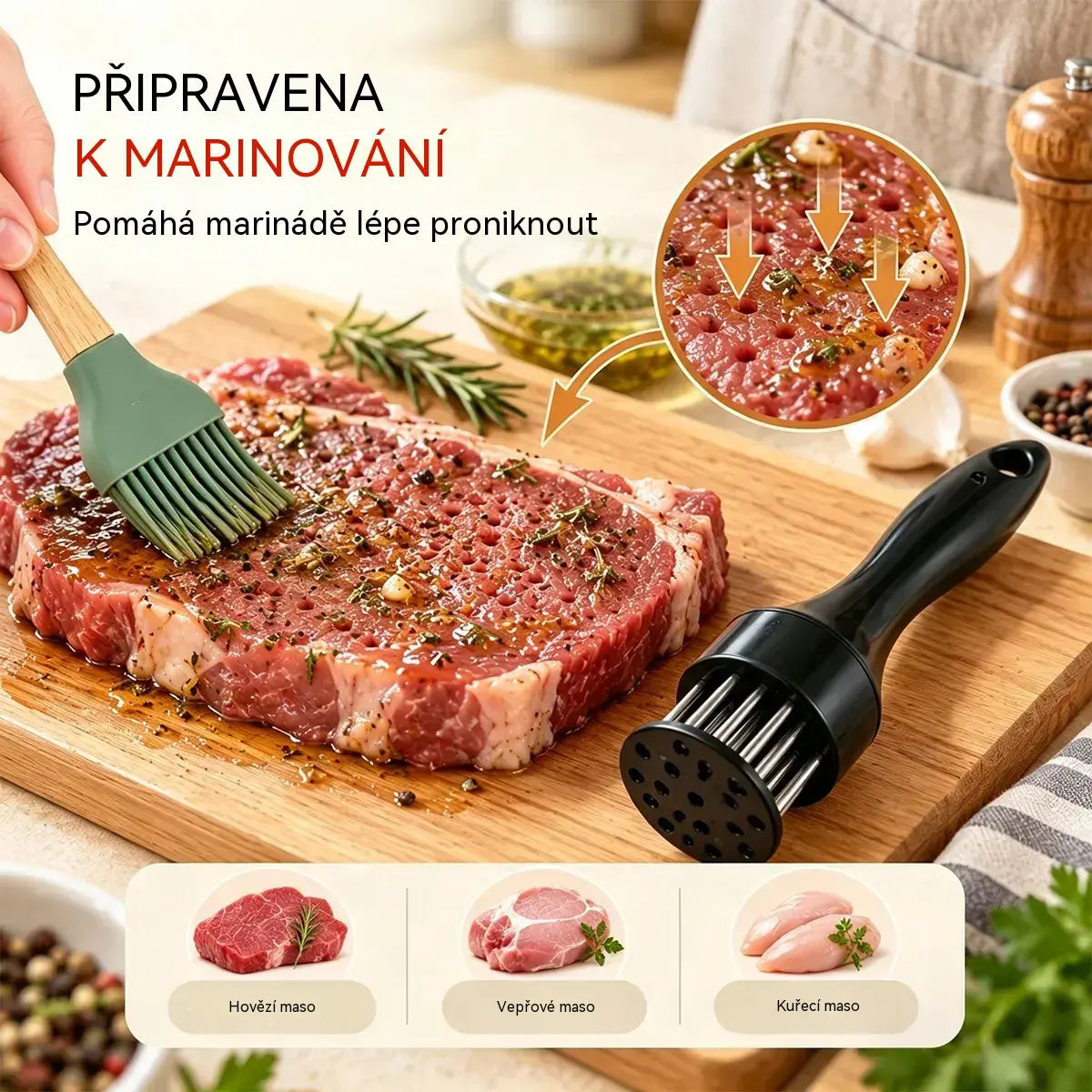 21bodová jehla na změkčování masa z nerezové oceli na steaky, grilování a vaření.