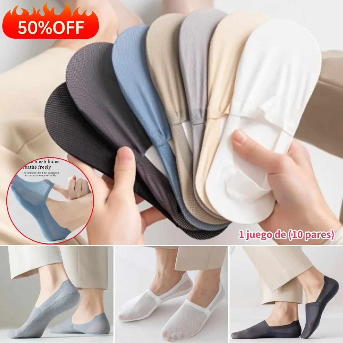 🧊 Calcetines Invisibles Transpirables para Hombre – 10 Pares por 26 €