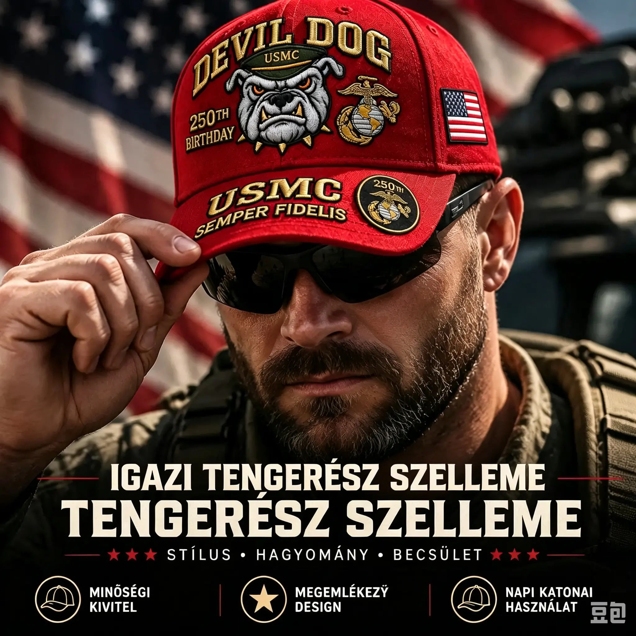 🐶🧢Kézzel hímzett, az amerikai tengerészgyalogság 250. évfordulójára készült "Devil Dog" baseballsapka.