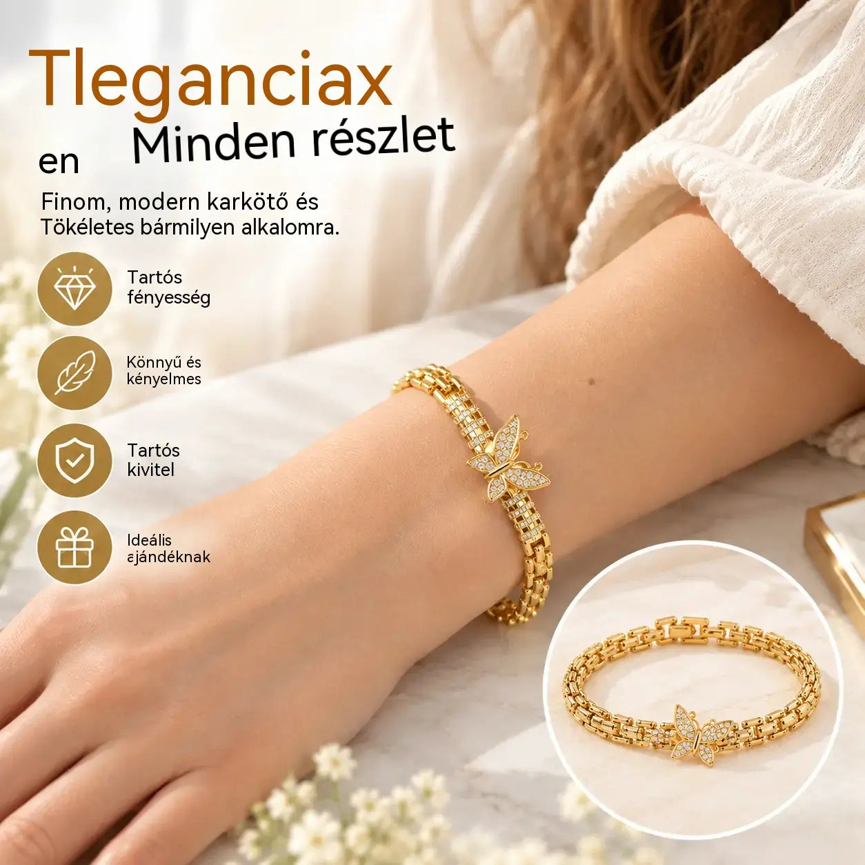 🦋 Spóroljon 50%-ot! ✨ 18 karátos arany pillangós karkötő: finom szemek, elegáns kidolgozás ✨