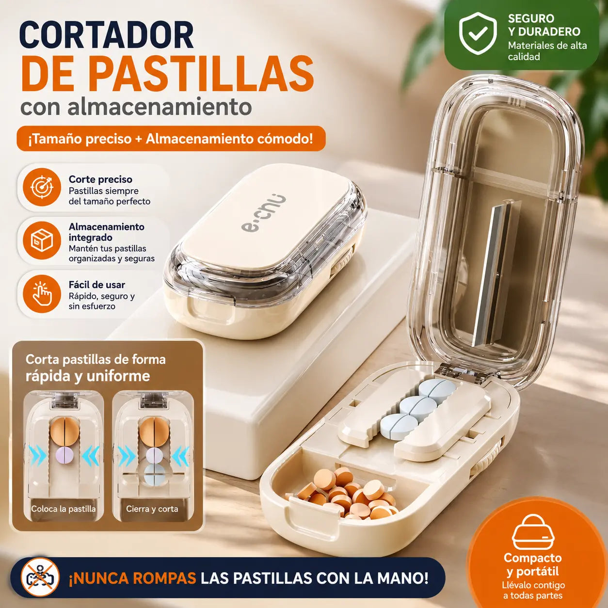 💊 Cortador de Pastillas Portátil — ¡Divide tus Medicamentos Fácilmente en 2 o 4 Partes!