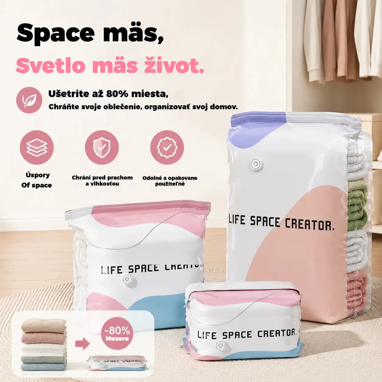 🧳【5-dielna sada 28 eur】💨 Veľké, stlačiteľné vákuové úložné vrecko: nevyžaduje pumpičku, je nepriepustné a ideálne na úsporu miesta v kufri a doma ✈️