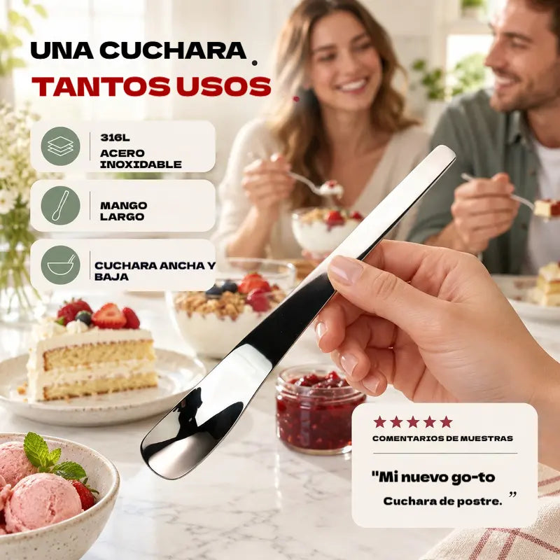 🥄 Cuchara de postre Premium 316L – Diseño profundo, mango ergonómico extendido, acabado pulido espejo. ¡Hecha de acero inoxidable, segura y duradera! ✨💎