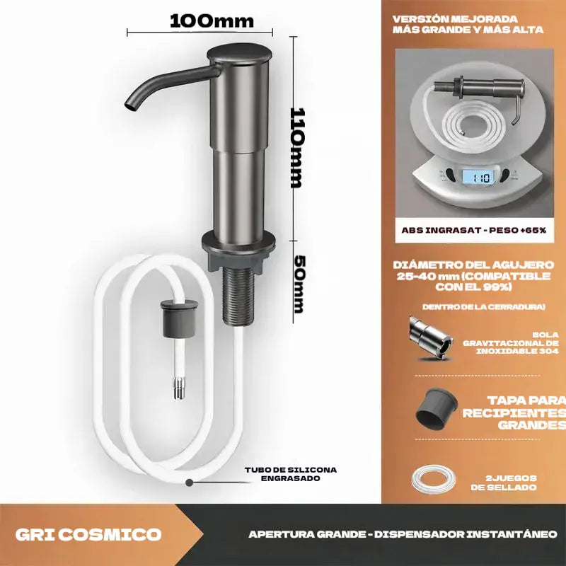 Dispensador de jabón y detergente integrado para fregadero de cocina, fabricado en acero inoxidable de primera calidad, con tubo extensible directo al cristal y bola de gravedad 304, bombeo rápido.