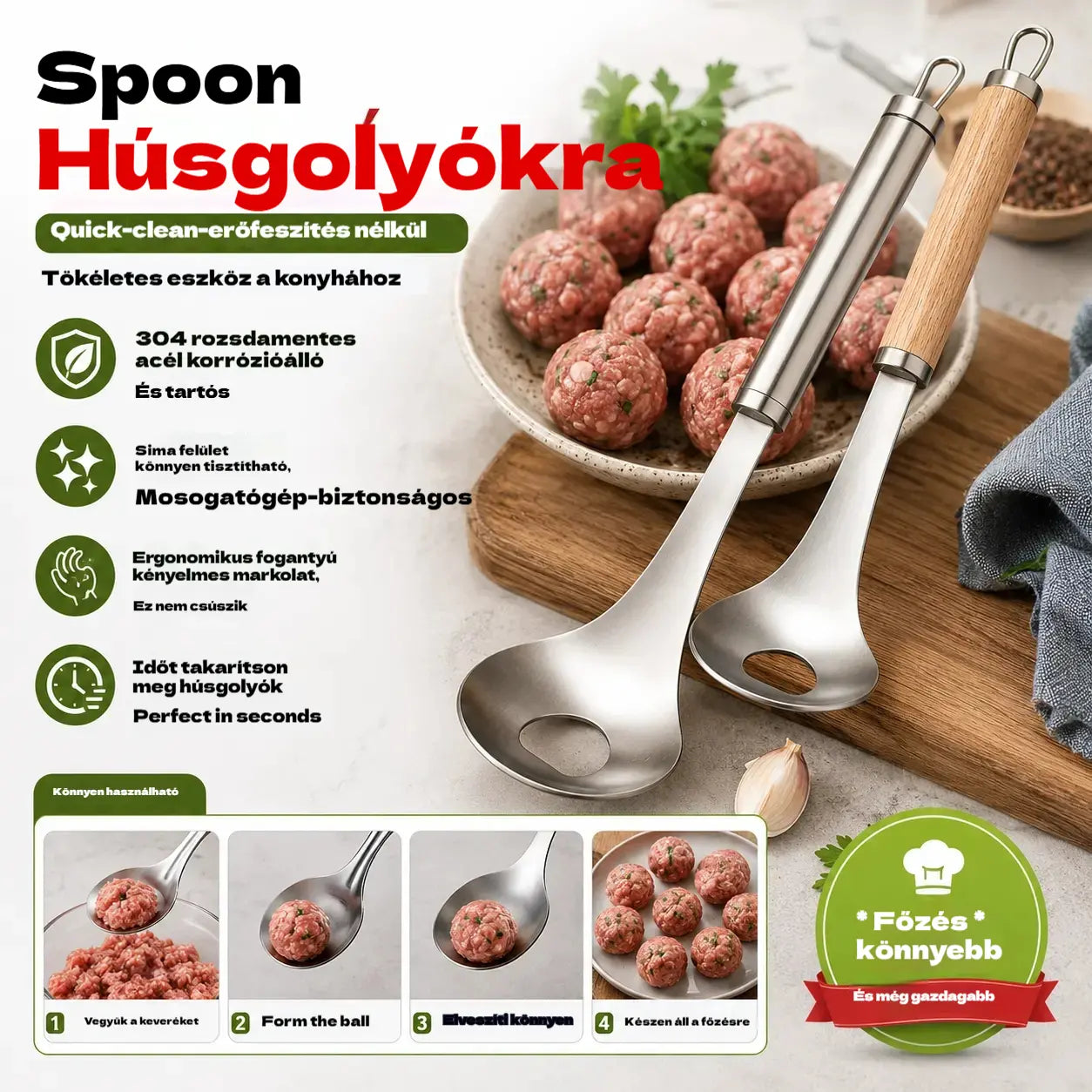 🍖 【2 darabos】304 rozsdamentes acél húsgombóc forma – Ideális hús- és halgombócok készítéséhez, tökéletes otthoni főzéshez 🥄