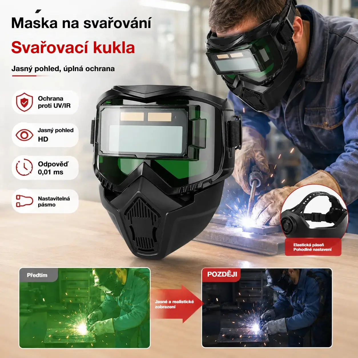 Plně automatická svářečská kukla s přepínáním světel a ochrannou maskou na hlavu pro svářeče