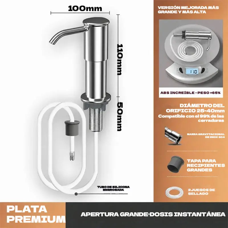 Dispensador de jabón y detergente integrado para fregadero de cocina, fabricado en acero inoxidable de primera calidad, con tubo extensible directo al cristal y bola de gravedad 304, bombeo rápido.