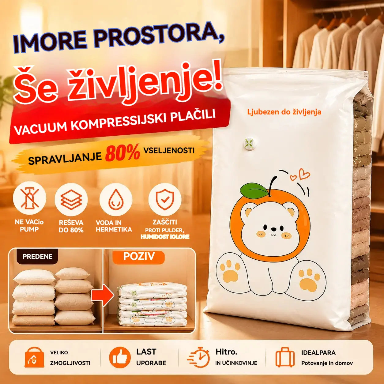 ✨🗃️ 5-delni komplet 💨 Velike stisljive vrečke za shranjevanje: Zračna črpalka ni potrebna, neprepustne, idealne za prihranek prostora v kovčku in doma ✈️