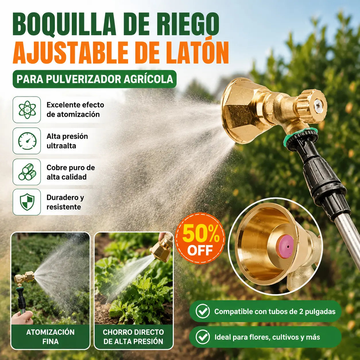 💦 Boquilla de Riego Ajustable de Latón · Pulverización Precisa