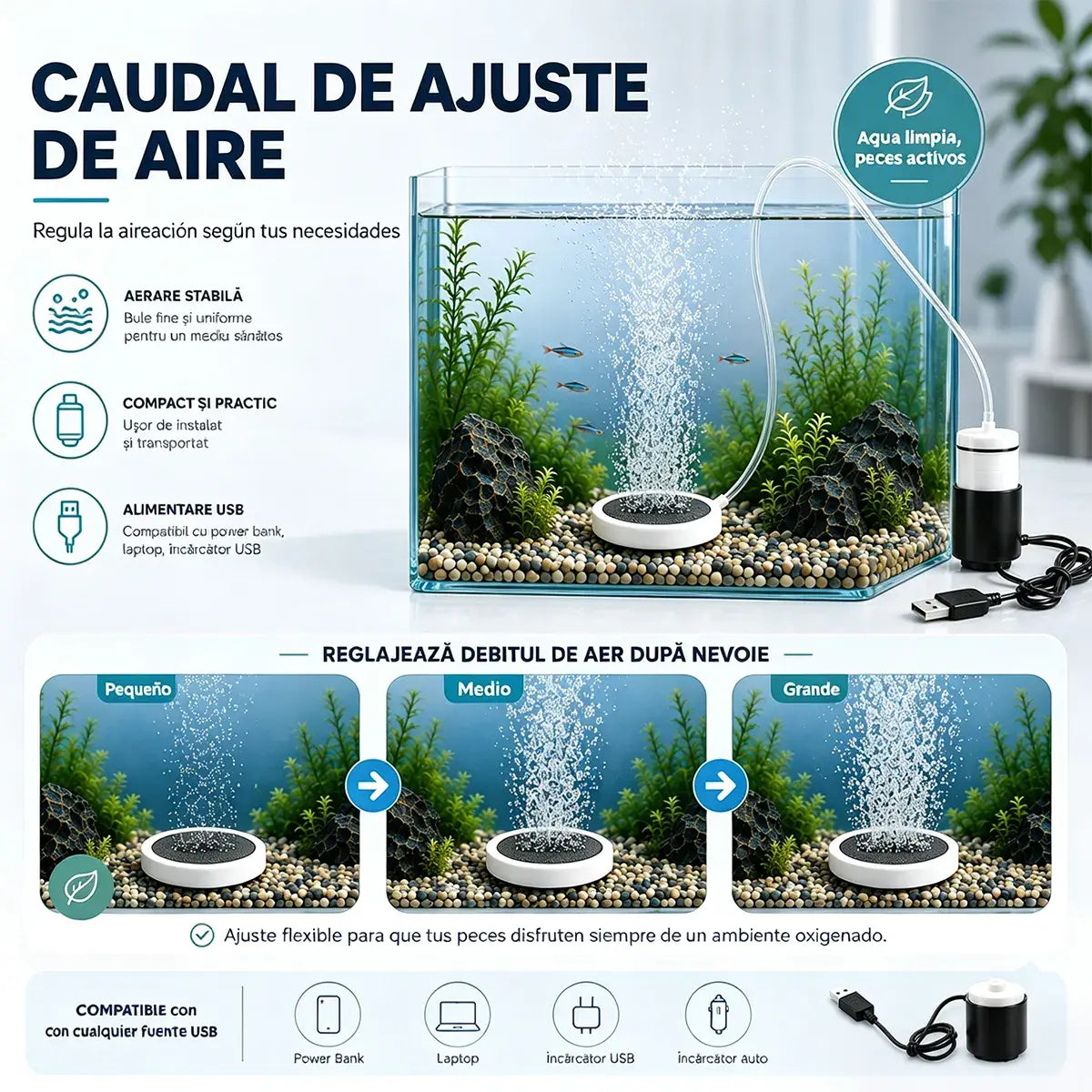 🐟🔇 Bomba de aire para pecera USB ultra silenciosa – Oxigenador portátil recargable para acuarios y pesca 🎣