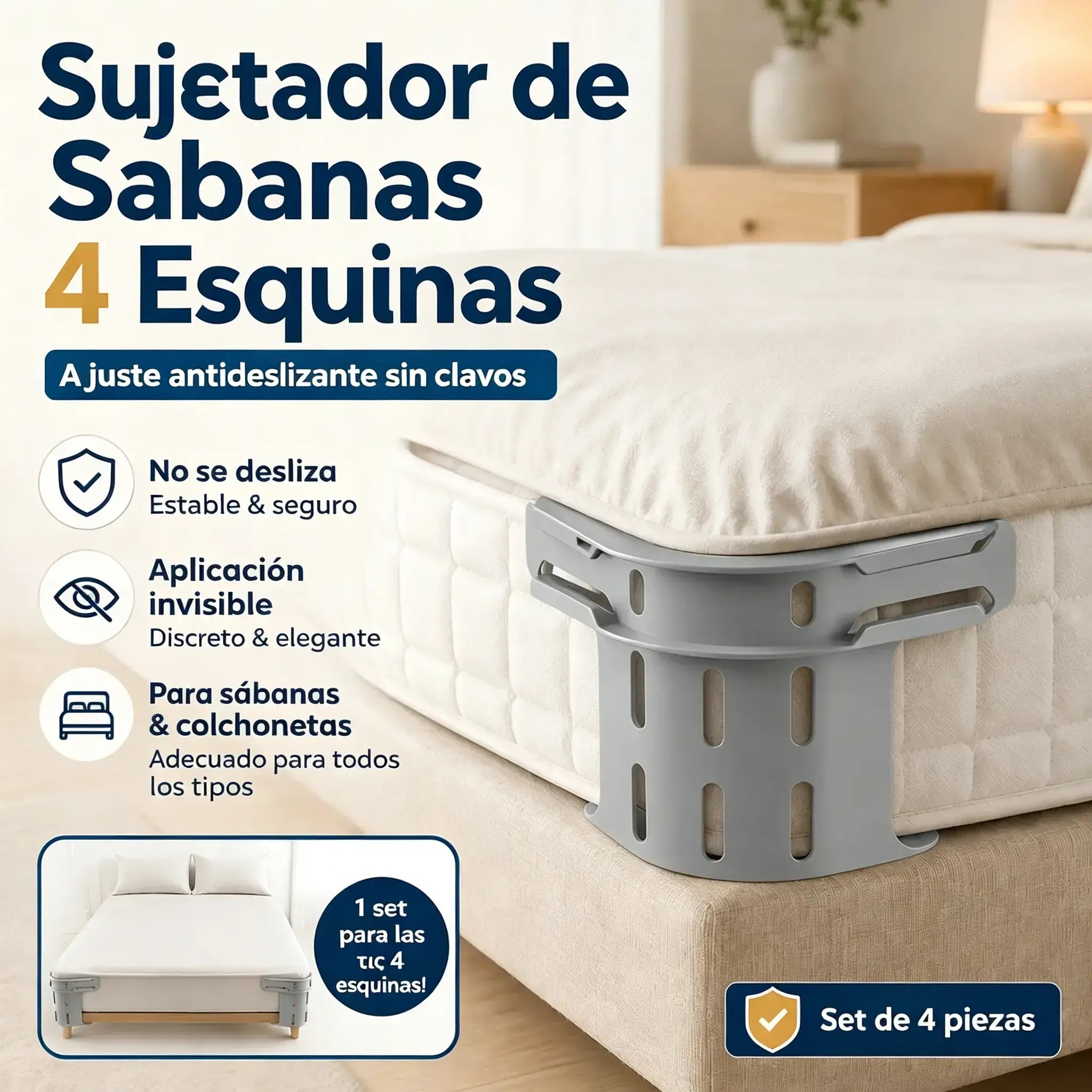 Juego de cuatro - 27 euros🛏️ Clips ocultos en las cuatro esquinas para sábanas: evitan que las sábanas se muevan o se deslicen, manteniéndolas planas y seguras.