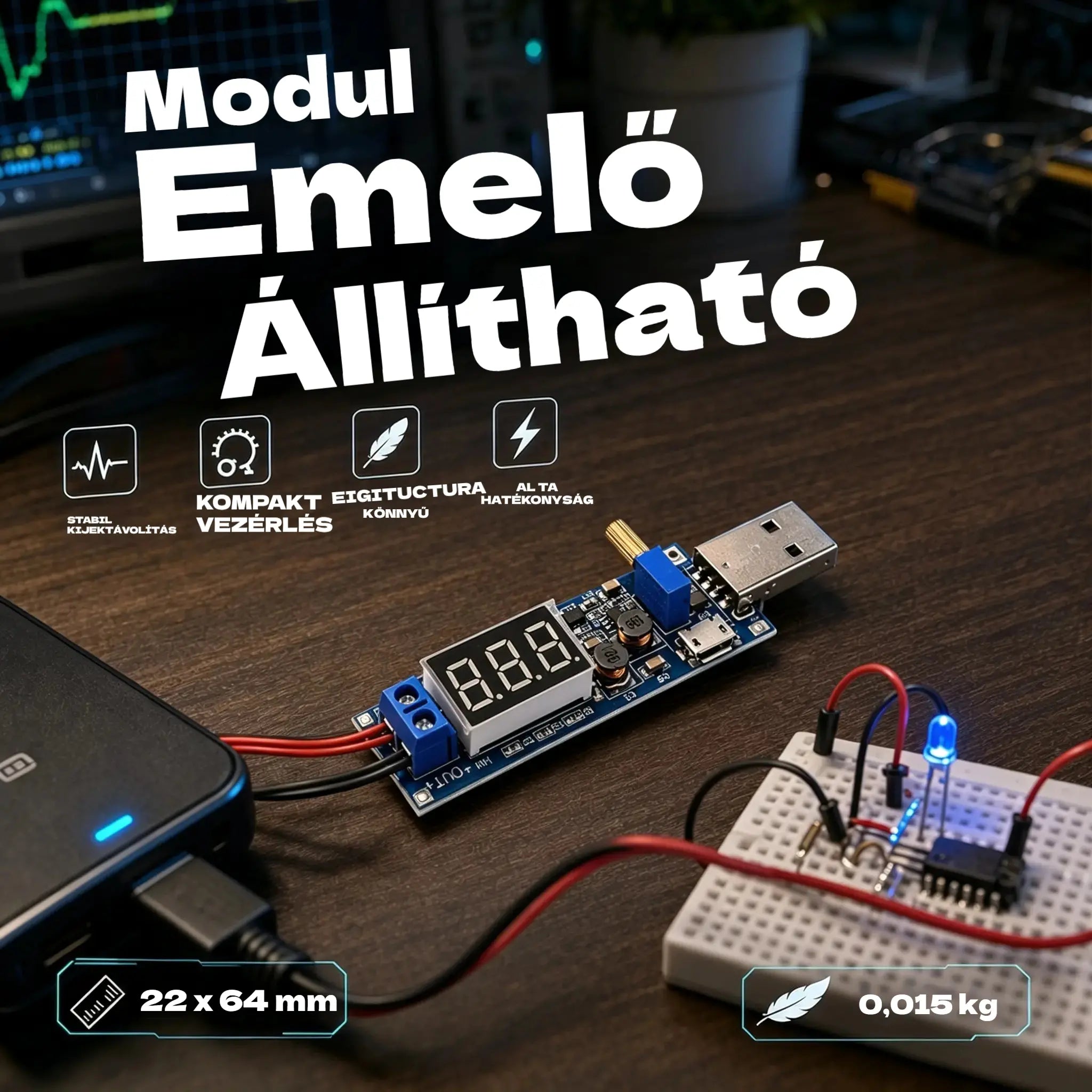 🔌【Micro USB interfész + C típusú interfész】💻 Állítható USB tápegység – 5 V-os többkimenetes feszültségnövelő szabályozó (3,3–24 V) | Asztali tápegység minden típusú eszközhöz 🔋