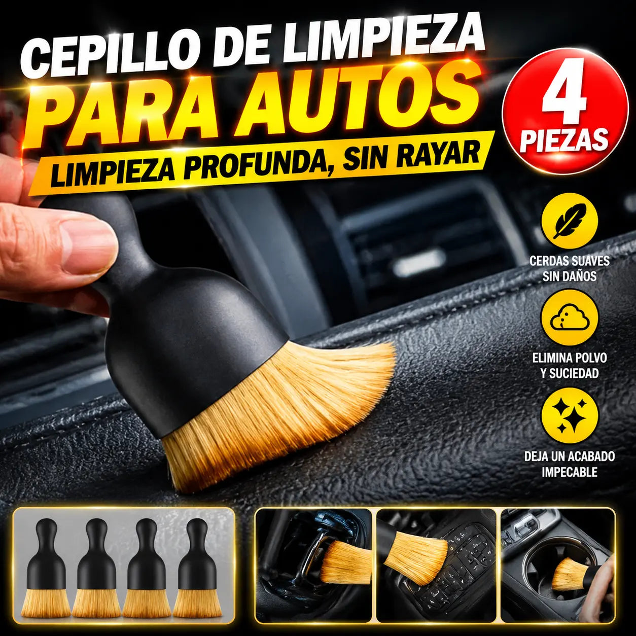 🚗4 piezas por 21 euros 🚗Cepillo Suave para Limpiar el Coche – ¡Adiós al Polvo en Ranuras y Rejillas!