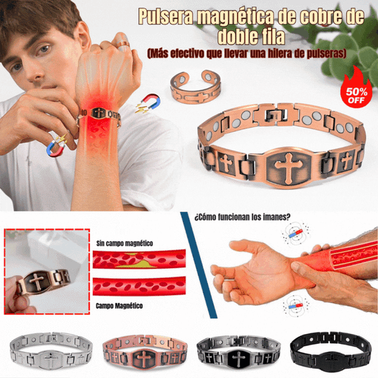 Compre uno y llévese otro gratis 🎁💙 Pulsera de cruz de cobre para hombre Feraco, pulsera curativa magnética, con 46 imanes - 99,99% cobre puro