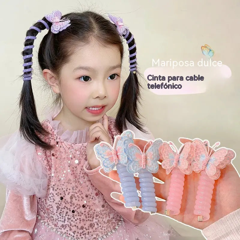 🦋【10 artículos por 25 euros】Goma para el pelo infantil con forma de mariposa y cordón telefónico, de alta elasticidad, no daña el cabello.