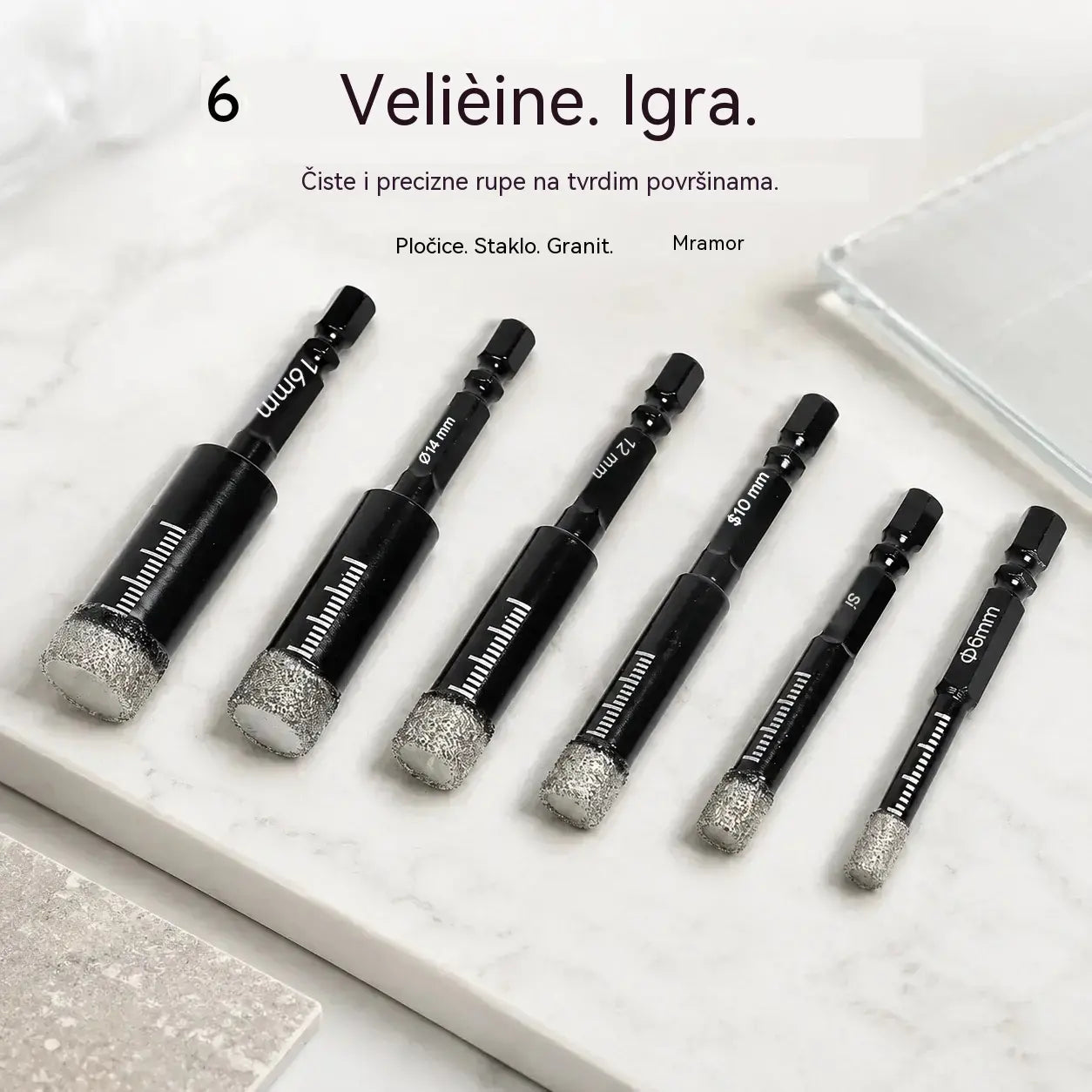 【6/8/10/12/14/16 mm Crna polirana glava】1 set za 27 € 🔩 Set od 6 dijamantnih svrdla za precizno bušenje pločica, keramike i stakla.