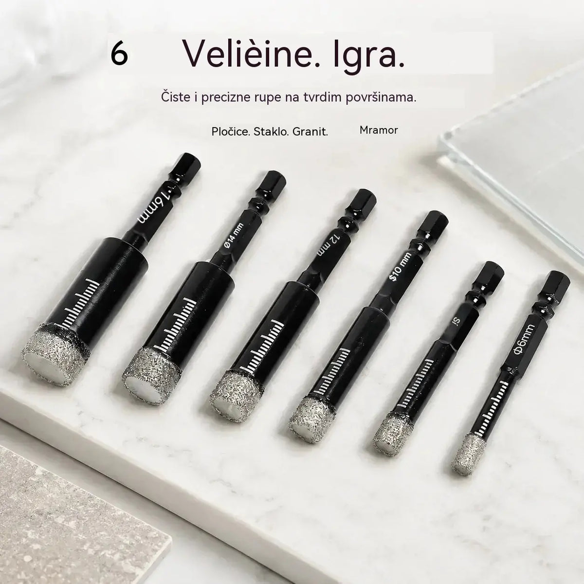 【6/8/10/12/14/16 mm Crna polirana glava】1 set za 27 € 🔩 Set od 6 dijamantnih svrdla za precizno bušenje pločica, keramike i stakla.