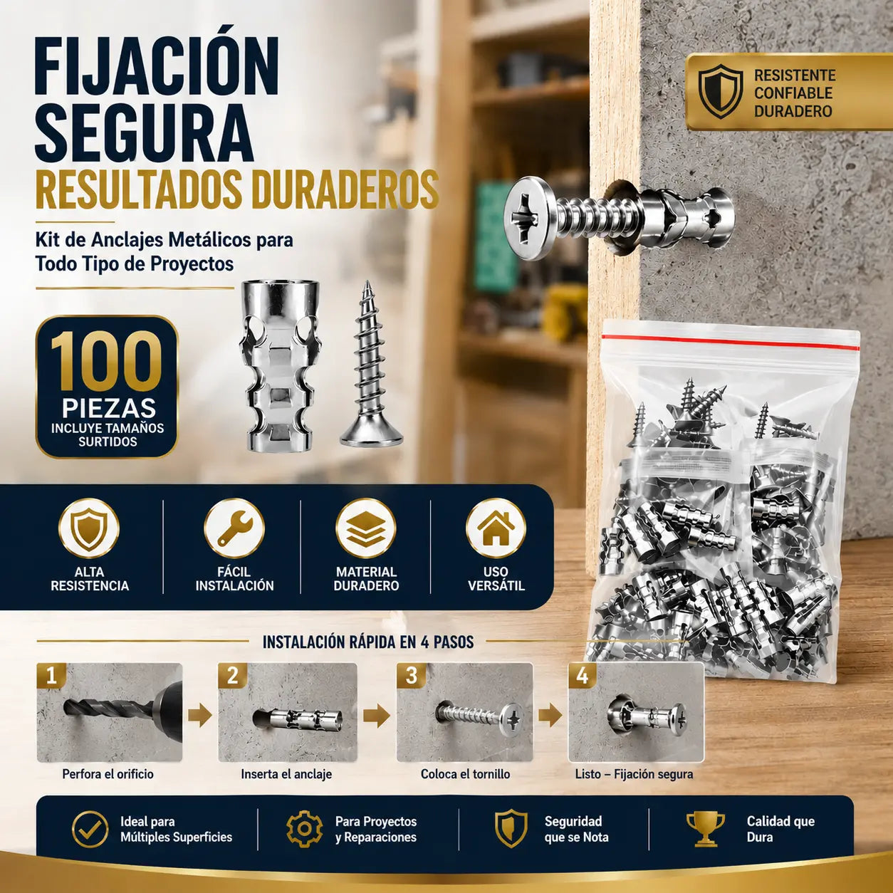 🛠️【100 pares】🔩 Kit de anclajes autoperforantes para paneles de yeso con tornillos 🧱 – Accesorios de montaje en pared fáciles de instalar