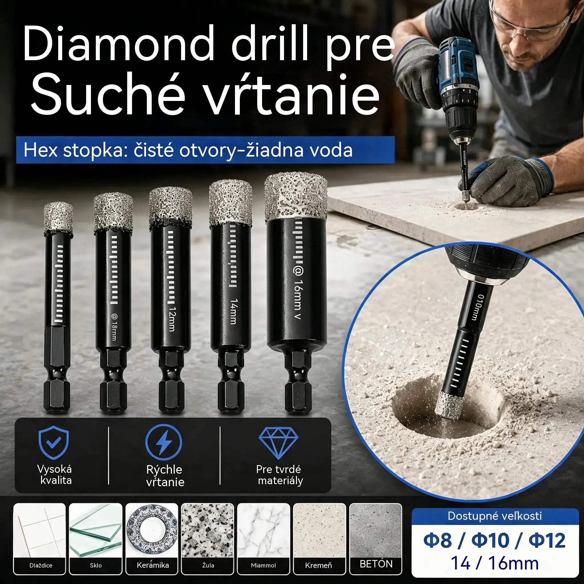 【Cabezal pulido negro de 6/8/10/12/14/16 mm】1 juego por 27 € 🔩 Juego de 6 brocas de diamante para perforaciones precisas en azulejos, cerámica y vidrio.