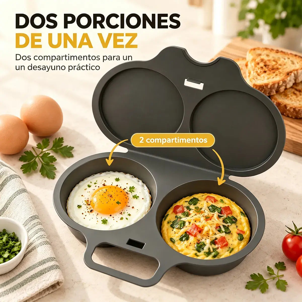 Escalfador de huevos para microondas: doble cavidad, antiadherente y fácil de limpiar.