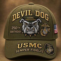 🐶🧢Kézzel hímzett, az amerikai tengerészgyalogság 250. évfordulójára készült "Devil Dog" baseballsapka.